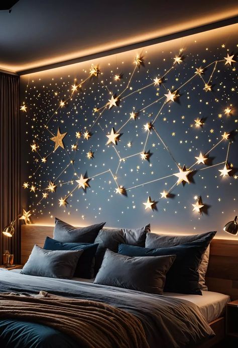 Tropigoth Home, Idea To Decorate Bedroom, Nerdy House Ideas, Cool Bedroom Wall Ideas, Bedroom Ideas Stars, Galaxy Room Ideas Bedrooms, Musical Bedroom Ideas, Bedroom Wall Inspo Aesthetic, Celestial Home Aesthetic