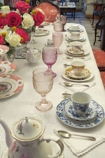 Eclectic Tea Party Mismatched China, High Tea Table Setting, Eclectic Tea Party, High Tea Decorations, Afternoon Tea Table Setting, Tea Party Table Settings, Tea Table Settings, Vintage High Tea, Afternoon Tea Tables