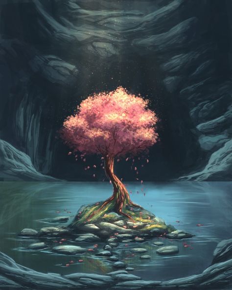 Art drawing tree nature cave lake underground fantasy pink Fantasy Tree Drawing, Cave Lake, Light Video, Cave Drawings, Fantasy Tree, Art Journal Prompts, Pink Tree, Fantasy Drawings, Cartoon World