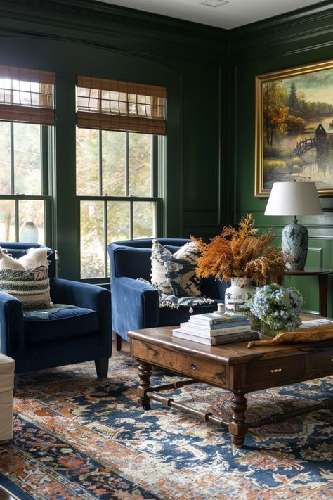 Discover 39+ Ways to Create a Refreshing Blue and Green Living Room Navy Blue Armchair Living Room, Green Living Room Aesthetic, Green Blue Living Room, Green Living Rooms, Navy Chairs, Decorating With Blue, Blue Upholstered Chair, Blue And Green Living Room, Green Library