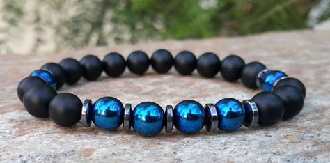 Mens Mala Bracelet Men's Jewelry Black Onyx Blue by MalaLovebeads Mens Mala Bracelet, Bracelet Man, Mens Beaded Necklaces, Wrist Mala, Black Onyx Bracelet, Mens Bracelets, Bracelets Design, Men's Bracelets, Energy Bracelets