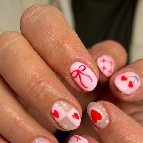 Cambria Seamons | Logan UT Nail Artist📍 on Instagram: "Some more valentines cuties!! 💌✨🎀🍒 100% hand painted nail art. #utahnails #utahnailtech #utahnailartist #utahnailsalon #utahnailart #loganutahnails #loganutahnailartist #loganutahnailtech #cachevalleynails #cachevalleynailtech #nailart #handpaintednailart #handpaintednails #handpaintedart #boycottboringnails #nailinspo #2023nailinspo #winternails #winternailinspo #valentinesnails #valentinesnailinspo #valentinesdaynails" Mix And Match Valentine Nails, Valentines Nails On Short Nails, Vday Nail Inspo Short, Red With Pink Hearts Nails, Heart Sucker Nails, Natural Nail Valentines Day Nails, Valentines Nails Clear, Gel X Valentines Day Nails, Simple Nails February