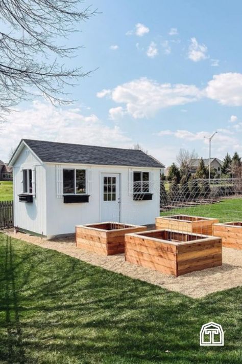 Raised Garden Beds Next To Shed, Garden Beside Shed, Garden Shed With Overhang, Garden Next To Shed, Multiple Sheds In Backyard, Garden With Shed Layout, Shed Placement In Backyard, Garden Around Shed, Landscape Around Shed