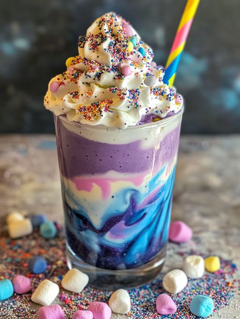 Swirl Freakshakes 🌠  𝗜𝗻𝗴𝗿𝗲𝗱𝗶𝗲𝗻𝘁𝘀 - 2 cups vanilla ice cream - 1/2 cup milk - 1/4 cup blue food coloring - 1/4 cup purple food coloring - Whipped cream - Sprinkles - Mini marshmallows - Edible glitter Instructions 🌠 1. In a blender, combine the vanilla ice cream, milk, and blue food coloring. Blend until smooth. 2. Pour the blue milkshake into a glass, filling it halfway. 3. Rinse the blender, then combine the vanilla ice cream, milk, and purple food coloring. Blend until smooth. Glitter Marshmallows, Blue Milkshake, Princess Food, Purple Food Coloring, Purple Food, Fairytale Princess, Blue Food Coloring, Market Ideas, Cute Baking