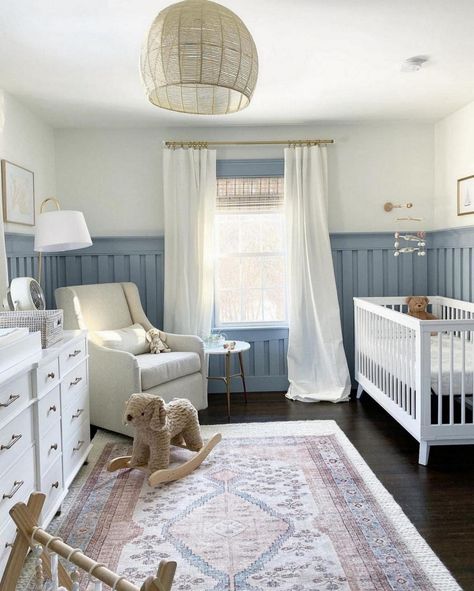 Light Blue Nursery, Navy Blue Nursery, Baby Blue Nursery, Nursery Paint Colors, Nursery Layout, Blue Nursery Boy, Nursery Accent Wall, Blue Accent Walls, Small Nurseries