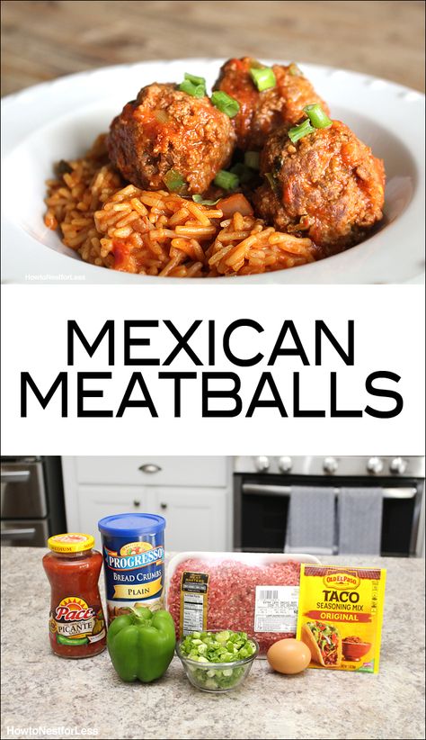 mexican meatball recipe. quick and easy dinner idea for the family! serve over spanish rice. so good! Mexican Meatballs, Salsa Salad, Mexican Appetizers, Rice Recipes For Dinner, Meatball Recipe, Spanish Rice, Quick And Easy Dinner, Easy Family Dinners, Entree Recipes