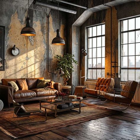 Explore 26 Chic Living Room Ideas Featuring Dark Brown Sofas - placeideal.com Rustic Salon Decor, Cozy Industrial Living Room, Chic Living Room Ideas, Brown Sofas, Industrial Decor Living Room, Dark Brown Sofas, Industrial Living Room Design, Industrial Style Living Room, Industrial Living Room