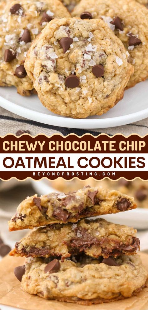 These soft and chewy chocolate chip oatmeal cookies are the BEST! Loaded with old-fashioned oats, these chocolate chip cookies are a perfect afternoon snack idea. Put this homemade oatmeal cookie recipe on your back-to-school food! Best Chocolate Chip Oatmeal Cookie Recipe, Chewy Chocolate Chip Cookies Oatmeal, Oatmeal Chocolate Chip Cookie Recipe No Chill, Nestle Toll House Oatmeal Chocolate Chip Cookies, Moist Oatmeal Chocolate Chip Cookies, Old Fashioned Oatmeal Chocolate Chip Cookies, Southern Living Oatmeal Chocolate Chip Cookies, Ina Garten, Chocolate Chip Cookie Oatmeal