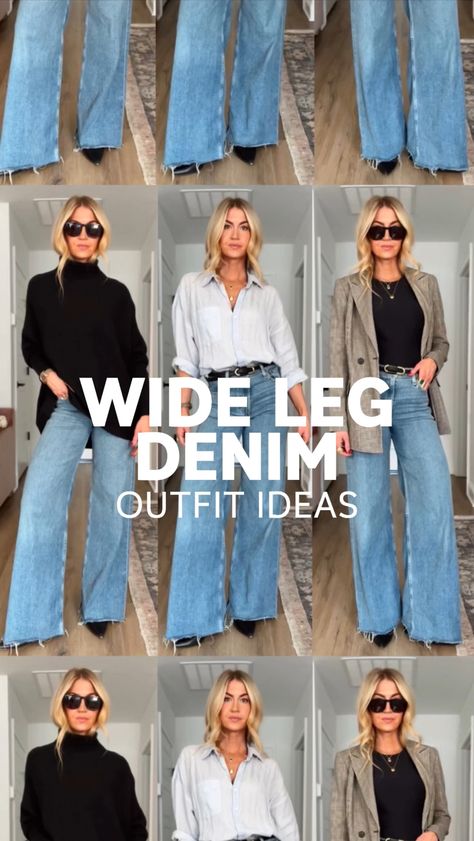 WIDE LEG DENIM OUTFIT IDEAS - Lifestyle Blog by Leanne Barlow Trendy Wide Leg Jeans Outfit, Wide Leg Jeans Outfit Winter 2025, Wide Leg Jeans Outfit With Boots, Wide Legged Jeans Outfit Winter, Winter Outfit Wide Leg Jeans, Wide Leg High Rise Jeans Outfit, Wide Leg Jean Work Outfit, Wide Leg Jeans And Sweatshirt Outfit, Wide Leg Jeans Shoes Style