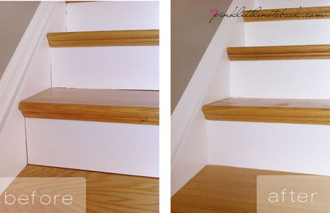 How to fill in gaps for stair risers Paint Stair Risers White, Oak Stair Treads White Risers, Stair Upgrade, Stain Banister, Stairs Upgrade, Painted Stair Risers, White Stair Risers, White Stairs, Painting House