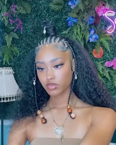 Braided Front Sew In Back, Braided Front Curly Back, Cornrows In The Front Box Braids In Back, Braids In Front Curly Hair In Back, Half Braids Half Crochet Hairstyles, Half Cornrows Half Curly Weave, Vacay Hair, Corn Row, Brown Skin Girl