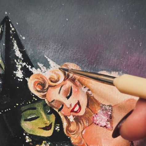 LIANA HEE on Instagram: "Spooky season may be over but I’m not quite ready to let go! Here’s a little work-in-progress peek, coming soon! :) 💖✨💚 . . . #gouache #painting #wicked #witches #magical #elphaba #glinda #wizardofoz #holbeingouache" Wicked Book Fanart, Wicked Art Drawings, Elphaba Drawing, Elphaba Tattoo, Elphaba Fanart, Wicked Tattoos Musical, Wicked Painting, Wicked Illustration, Wicked Diy