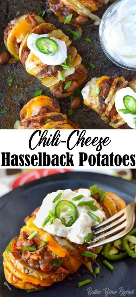 chili cheese hasselback potatoes Hasselback Potatoes, Game Day Appetizers, Cheese Potatoes, Chili Cheese, Potato Recipes, Beef Recipes, Appetizer, Game Day, Side Dishes