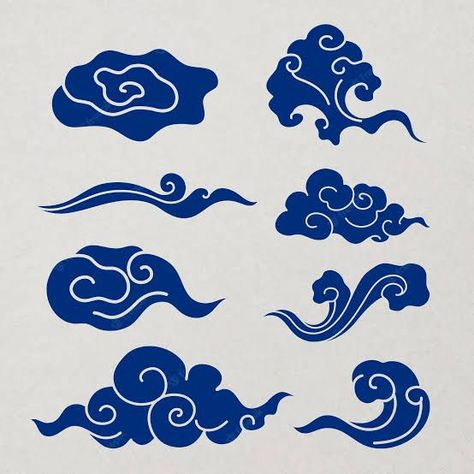 Chinese Cloud Tattoo, Cloud Sticker, Sea Drawing, Chinese Illustration, Blue Drawings, Cloud Illustration, Wave Illustration, Cloud Stickers, Cloud Tattoo