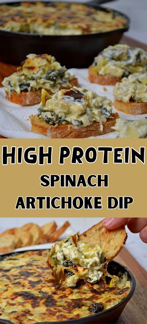 This High Protein Spinach Artichoke Dip Recipe is quick to make with a few simple ingredients, ready in one pan, and sure to be a favorite dip at your next party or football game! This perfect appetizer is made with Greek yogurt, spicy jalapenos, and delicious spinach and artichokes, making it a real crowd-pleaser. Spinach And Artichoke Hummus, Spinach Artichoke Dip With Jalapeno, Protein Spinach Artichoke Dip, High Protein Spinach Dip, High Protein Spinach Artichoke Dip, Spinach Artichoke Dip Greek Yogurt, High Protein Dip Recipes, Spinach Artichoke Dip Healthy, High Protein Appetizers