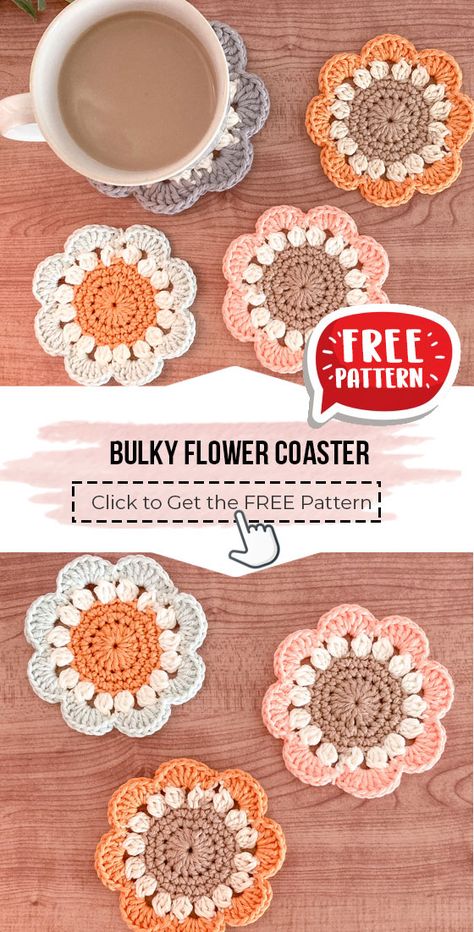 crochet Bulky Flower Coaster free pattern - FREE Crochet Coaster Pattern for Beginners. Click to Get the Pattern #Coaster #crochetpattern #crochet via @shareapattern.com Crochet Projects Accessories, Crochet Help, Crocheted Coasters, Crochet Coasters Free Pattern, Flower Coasters, Coaster Pattern, Crochet Coaster Pattern, Crochet Design Pattern, Beginner Crochet Projects