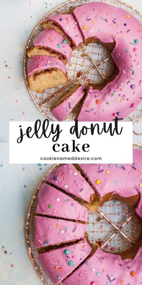 Donuts are best in cake form! This jelly-filled donut cake is not only fun to look at, but tastes a lot like your favorite donut! Jelly Donut Cake, Donut Icing, Donut Birthday Cake, Jelly Doughnuts, Cookie Recipes Chewy, Special Birthday Cakes, Gluten Free Donuts, Healthy Cake Recipes, Lemon Cake Recipe