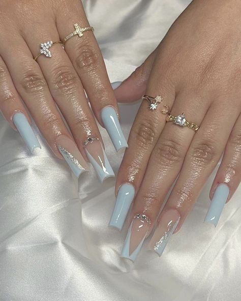 ig: setsbycelestiaa Light Blue Acrylic Nails With Initial, Blue Gradient Nails Acrylic, Light Blue Nails With Charms, Light Blue Square Nails, Cinderella Inspired Nails, Blue Acrylic Nails Coffin, Light Blue Nails Acrylic, Baby Blue Nails Designs, Light Blue Acrylic Nails