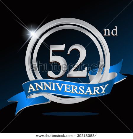 52nd anniversary logo with blue ribbon. 52 years anniversary signs illustration. Silver anniversary logo with blue ribbon ring. - stock vector