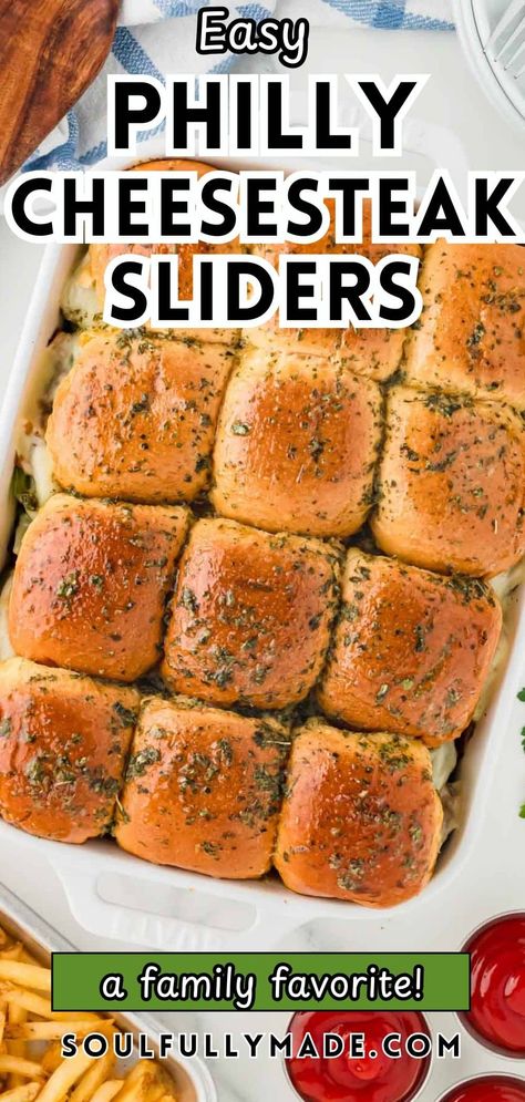 Got a hungry crowd or family to feed? These Philly Cheesesteak Sliders are the perfect solution. In just 15 minutes of prep, you can turn a few simple ingredients into sliders bursting with tender beef, melty cheese, and savory sautéed peppers & onions. Philly Cheesesteak Bites, Cheesesteaks For A Crowd, Philly Cheesesteak Pinwheels, Philly Beef Sliders, Cheesteak Sliders Philly, Philly Cheese Steak Sliders Recipe, Beef Sliders For A Crowd, Philly Cheesesteak Stuffed Cheesy Breadsticks, Philly Cheese Recipes