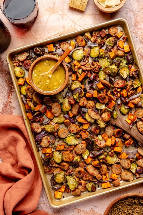 Fall Veggie Sheet Pan Dinner with Maple Mustard Sauce - Brocc Your Body Maple Mustard Sauce, Veggie Sheet Pan, Brocc Your Body, Lighter Meals, Fit Meals, Katie Austin, Fall Dinners, Fall Goodies, Italian Chicken Sausage