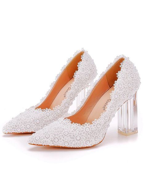 Women's Leatherette With Lace Closed Toe Chunky Heel Wedding Shoes Chunky Heel Wedding Shoes, White Wedding Party, Wedding Toes, Wedding Party Shoes, Transparent Heels, Heels Dress, High Heel Dress, White Wedding Shoes, Wedding Dresses With Flowers