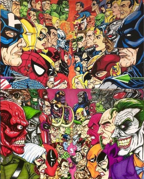 Marvel Vs Dc Art, Marvel Dc Comics Wallpaper, Marvel Vs Dc Wallpapers, Marvel Cinematic Universe Timeline, Dc Vs Marvel, Dc Artwork, Dc Comics Vs Marvel, Marvel And Dc Crossover, Marvel Pins