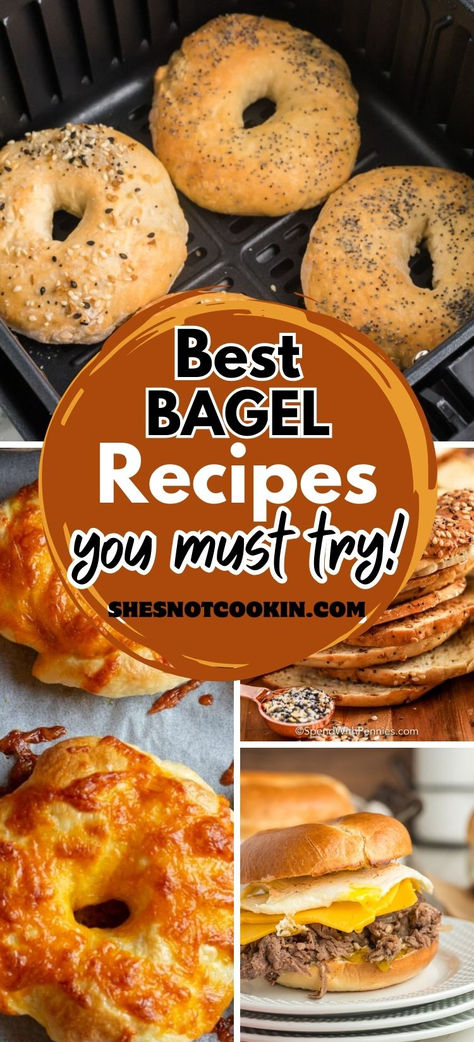 Photo collage with bagel recipes and text overlay. Everything Bagel Recipe Ideas, Cranberry Bagels Recipe, Baked Bagels Recipe, Bagel Thins Recipes, Bagel Dinner Ideas, Easy Bagels Recipe Homemade, Quick Bagel Recipe, Easy Breakfast For One, Homemade Bagels Easy