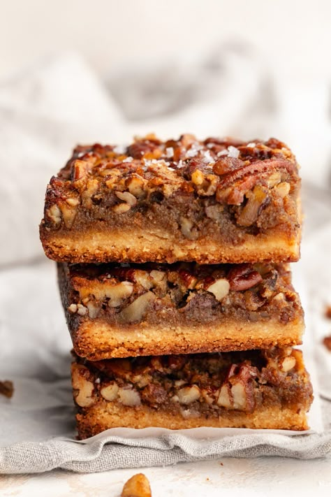 Healthy Gluten-Free Pecan Pie Bars Gluten Free Pecan Bars Recipe, Gf Pecan Pie Recipe, Gf Pecan Pie Bars, Healthy Pecan Bars, Thanksgiving Dessert Healthy, Gluten Free Pecan Bars, Dairy Free Gluten Free Snacks, Recipes For Dinner Dairy Free, Gluten Free Pecan Pie Bars