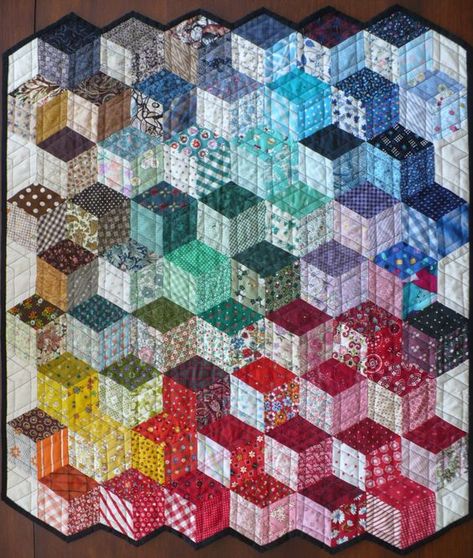 Tumbling Blocks Pattern, Quilting Hacks, Illusion Quilts, Tumbling Blocks Quilt, Optical Illusion Quilts, Tumbling Blocks, Kaffe Fassett Quilts, English Paper Piecing Quilts, Block Quilt