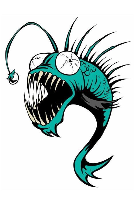 Monster Fish Drawing, Trippy Fish Tattoo, Scary Fish Drawing, Funny Fish Drawing, Cartoon Fish Drawing, Sea Monster Drawing, Angler Fish Drawing, Angler Fish Art, Angler Fish Tattoo