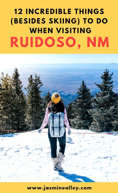 This New Mexico ski town is so charming and surrounded by beautiful nature (did somebody say white sand dunes?)!! Check out these 12 incredible things to do in Ruidoso, New Mexico! From great restaurants and beautiful spots in nature to art and fun vacation spots, you'll find it all here! Visiting in the winter? You're probably in town for skiing, but there's so much more to do in the area all year round! #ruidoso #newmexico #explorenewmexico #travelnm #usroadtrip #skitown Christmas In Ruidoso Nm, New Mexico Snow, Things To Do In Ruidoso New Mexico, Ski Apache New Mexico, New Mexico Winter Vacation, Ruidoso New Mexico Winter, Red River New Mexico Winter, Ruidoso New Mexico Outfits, Ruidoso Nm