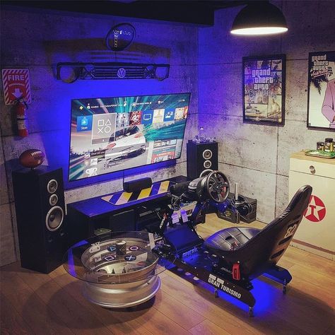 Racing Game Setup, Car Simulator Setup, Racing Simulator Room, Racing Room Ideas, Game Room Design Man Caves, Racing Simulator Setup, Gaming Room Setup Ideas, Racing Room, Racing Setup