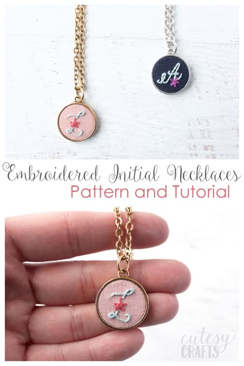 Embroidered Jewelry Handmade, Mini Embroidery Hoop Ideas, Initial Embroidery Letters, Tiny Embroidery Ideas, Embroidered Gift Ideas, Embroider Initials, Diy Initial Necklace, Tiny Embroidery, Necklace Embroidery