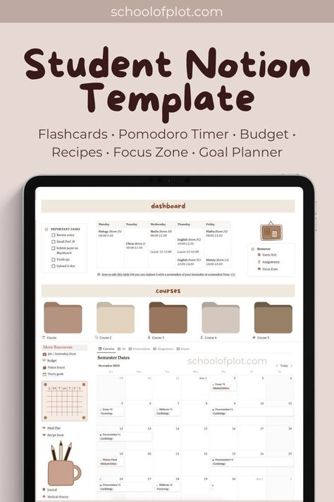 best notion template College Notion, School Notion, Student Notion Template, Notion Study, Dashboard Aesthetic, University Notes, Student Planner Template, Cornell Method, Study Planner Free