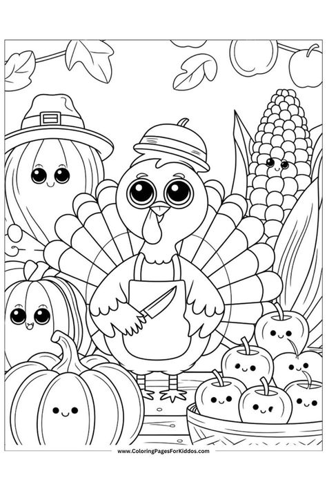 A Thanksgiving-themed scene with a smiling turkey, pumpkins, and corn, ideal for fall coloring. Fall Coloring Pages November, Coloring Pages For November, 4th Grade Coloring Pages, Fall Coloring Activities, November Coloring Sheets Free Printable, Thanksgiving Coloring Activities, Coloring Pages Thanksgiving For Kids, November Coloring Sheets For Kids, Coloring Pages November