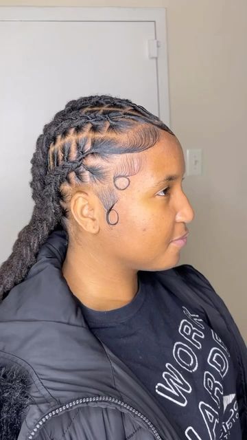 Corn Rows On Locs, Locs Two Braids, Feed In Braids On Locs, Locs Straight Back, Straight Backs On Locs, Loc Cornrows With Added Hair, Locs In Cornrows, Loc Bob On Short Locs, Cornrow Locs Black Women