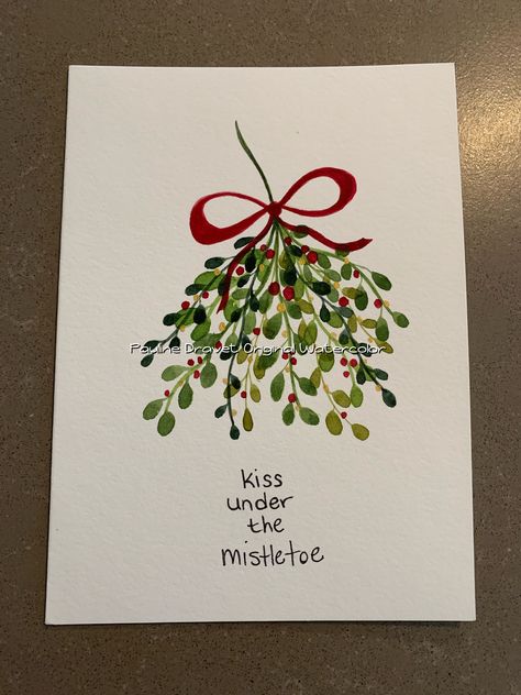 Watercolour Painting Christmas Card, Watercolor Painting Christmas Card Ideas, Handpainted Christmas Card, Miseltoe Drawings, Simple Christmas Watercolor Ideas, Water Colour Christmas Cards Ideas, Christmas Drawing Mistletoe, Aquarell Christmas Cards, Christmas Watercolor Ideas Xmas Cards