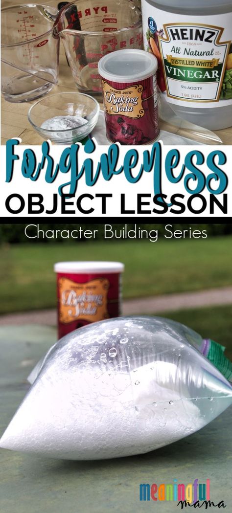 Looking for Bible Object Lessons about forgiveness? This character building eduction activity teaches kids about the importance of forgiveness. It uses a science experiment involving baking soda and vinegar to do so. This is part of a character building series with 52 different character traits. Sunday School Object Lessons, Science Experience, Youth Lessons, Kids Church Lessons, Baking Soda And Vinegar, Kids Sunday School Lessons, Bible Object Lessons, Childrens Sermons, Bible Activities For Kids