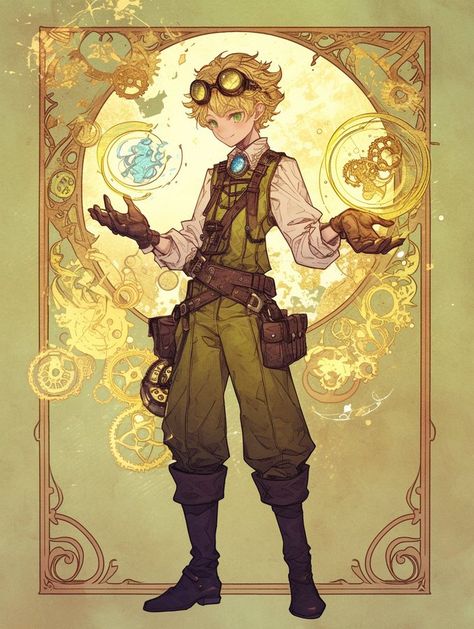 Steampunk Alchemist Character Design, Toy Maker Character Design, Alcamist Character Design, Steampunk Clothing Drawing, Alchemist Outfit Design, Clockpunk Fashion, Tinkerer Character Design, Potion Maker Character Design, Alchemist Rpg