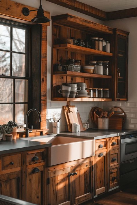 Make a statement in your small kitchen with over 40 farmhouse kitchen accent wall ideas. Explore bold colors, textured finishes, and eye-catching designs to add personality and visual interest to your compact culinary space. #FarmhouseKitchen #AccentWallIdeas #SmallSpaces Big Cottage Kitchen, Rustic Kitchenette Ideas, Small Log Cabin Kitchens Rustic, Knotty Pine Walls Kitchen, Small Country Home Decor, Old Fashioned Kitchen Ideas, Small Rustic Kitchen Design, Country Small Kitchen, Farmhouse Kitchen Accent Wall