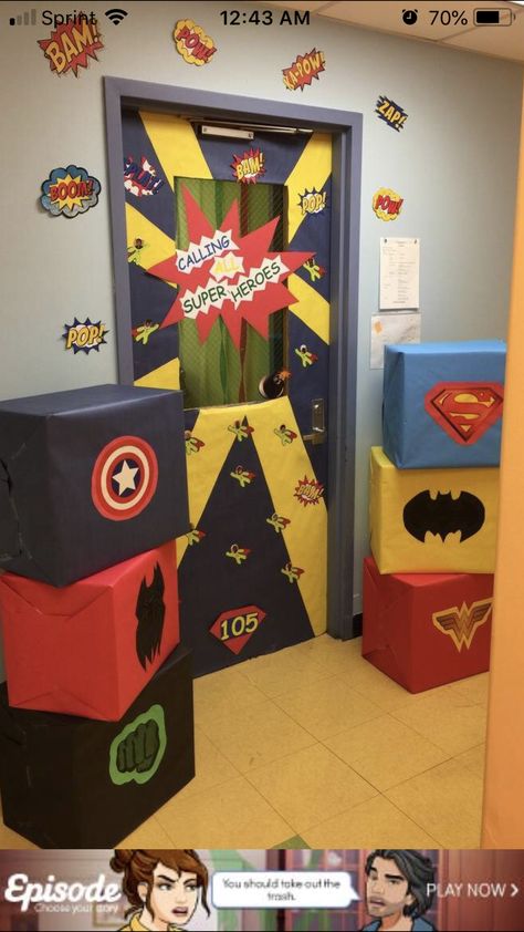 Superhero Office Decor, Superhero Halloween Decorations, Comic Theme Party Decorations, Super Hero Door Decorations Classroom, Superhero Library Theme, Superhero Door Decorations, Superhero Graduation Theme, Superhero Vbs Decorations, Super Hero Vbs