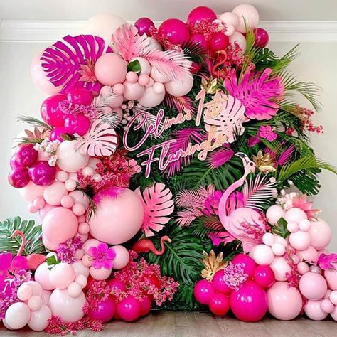 Unique Party Vendors, Flamingo Balloon Garland, Flamingo Party Backdrop, Tropical Party Backdrop, Tropical Balloon Arch, Tropical Balloon Garland, Tropical Sweet 16, Pink Explosion, Wisteria Vines