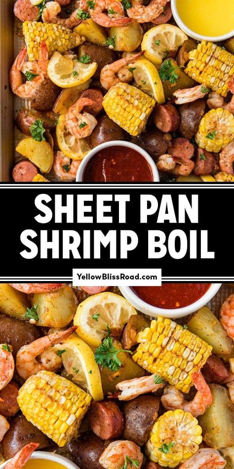 A Sheet Pan Shrimp Boil is a rustic summer meal of juicy shrimp, spicy sausage, tender potatoes and crisp corn baked on a big sheet pan. Beef Chow Mein Recipe, Chow Mein Sauce, Sheet Pan Shrimp Boil, Pan Shrimp Boil, Low Boil, Beef Noodle Stir Fry, Beef Chow Mein, Sheet Pan Shrimp, Boiled Dinner