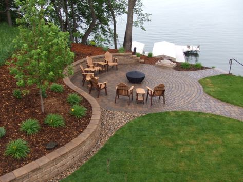 Lakefront Landscaping Ideas, Lakeshore Landscaping, Lakefront Landscaping, Retaining Wall Ideas, Lake Front House Plans, Lake Landscaping, Fire Pit Landscaping, Sloped Backyard, Lakeside Living