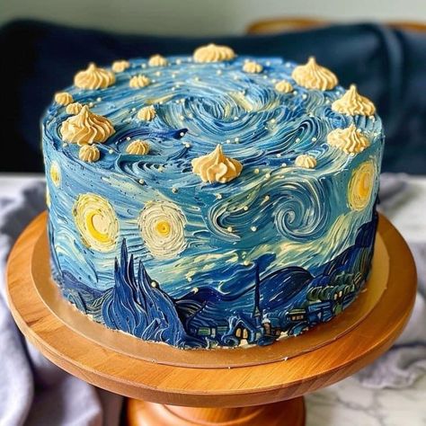 Starry Night Birthday Cake, Van Gogh Cake Birthday, Blue And Yellow Desserts, Sun Cake Ideas, Narnia Cake Ideas, Yellow Cake Frosting, Bolo Van Gogh, Van Gogh Birthday Party, 13 Bday Cake