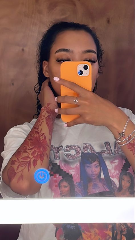 Pretty Tattoos For Women On Arm, Red Sleeve Tattoo, Red Hand Tattoo, Red Flower Tattoos, American Girl Doll Hairstyles, Henna Inspired Tattoos, Hand Tattoos For Girls, Pretty Hand Tattoos, Black Girls With Tattoos