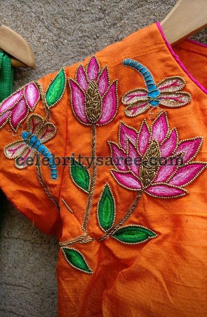 Latest One Side Work Blouse Designs Lotus Blouse Embroidery, Lotus Work Blouse Designs, Lotus Embroidery Design Blouse, Lotus Maggam Work Designs, Lotus Design Aari Work Blouse, Lotus Aari Work, Lotus Embroidery Design, Bee Beads, Lotus Embroidery