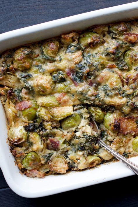 Creamy Brussels Sprouts, Brussel Sprout Casserole, Brussels Sprouts Bacon, Bacon Kale, Brussels Sprouts Gratin, Winter Side Dishes, Zucchini Recipes Dessert, Baked Kale, Easy Whole 30 Recipes