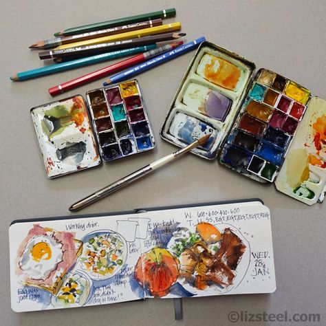 sketching my life and sharing the experience Coconut Sketch, Watercolour Palette, Liz Steel, Kunstjournal Inspiration, Travel Art Kit, Colour Making, Travel Sketchbook, Watercolor Kit, Watercolor Journal